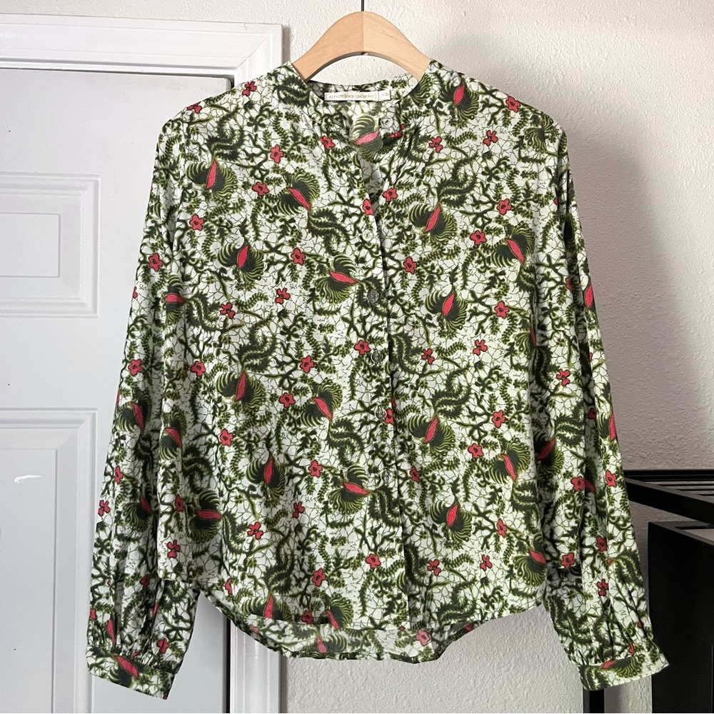 NWOT CHARINA SARTE green white floral cotton long puff sleeve‎ button up blouse